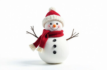 Fototapeta premium Snowman wearing a hat and a knitted scarf, copy space