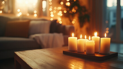 A beautifully lit menorah with glowing candles, set against the backdrop of a cozy living room as families celebrate the first night of Hanukkah.