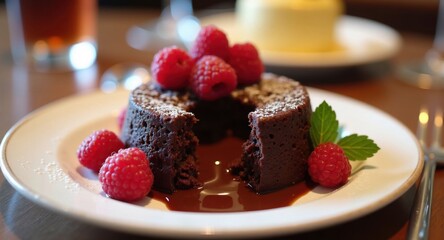 Decadent chocolate cake with raspberries