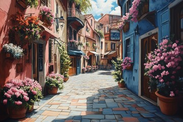 Naklejka premium A picturesque European tourist location, featuring charming cobblestone streets, historic buildings, and bustling cafes. Abstract image. Generative A