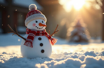 Obraz premium Snowman wearing a hat and a knitted scarf, copy space