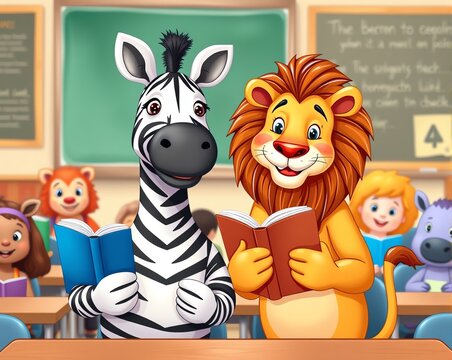 A zebra and a lion sit at a desk in a classroom, holding books