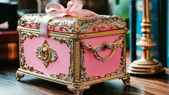 A pink and gold ornate box sits on a wooden table, likely a jewelry box or trinket box