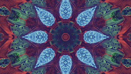 A beautiful background of seasonal autumn and winter leaves and foliage in an animated kaleidoscopic pattern.