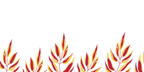 Floral frame with colorful exotic branches on white background. Ornate border with tropic leaves. Vector stock illustration for wallpaper, posters, card. Doodle style. Copy space