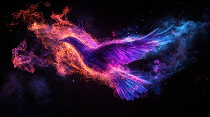 Fototapeta premium Burning bird against a pure black background. Neon flames 