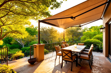 Fototapeta premium an outdoor dining area with table and chairs under the awning on a sunny day in the patio is surrounded by lush green trees