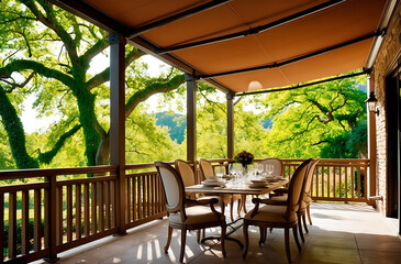 Fototapeta premium an outdoor dining area with table and chairs under the awning on a sunny day in the patio is surrounded by lush green trees