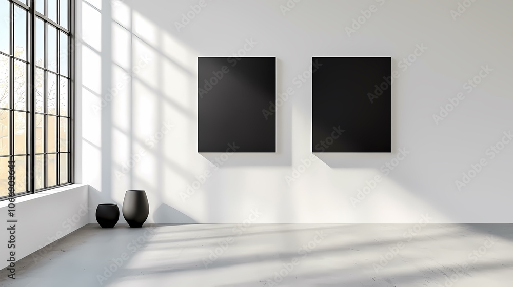 Poster a minimalist room with two blank black frames hanging on a white wall, next to a large window, and t