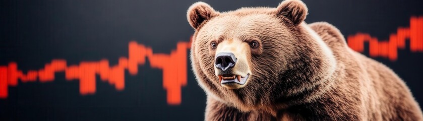 Fototapeta premium A close-up of a bear against a backdrop of a fluctuating stock market graph, symbolizing bearish trends and market downturns.