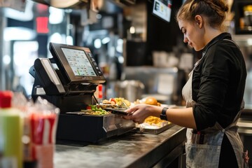 Fast-food cashier taking orders and processing payments at a counter