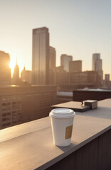 Urban eco-friendly coffee cup mockup on rooftop during sunrise, perfect for cafe branding campaigns