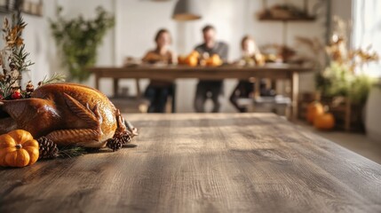 Festive Thanksgiving scene with roasted turkey and happy family