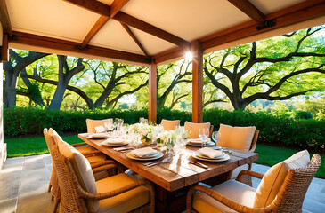 Fototapeta premium an outdoor dining area with table and chairs under the awning on a sunny day in the patio is surrounded by lush green trees