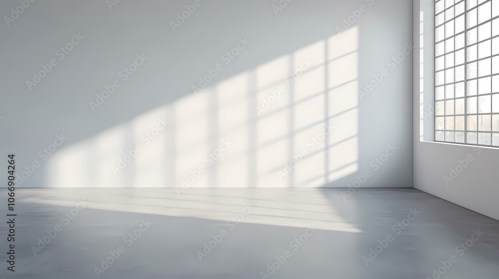 Poster the image shows a room with a large window and a grey floor. the window is on the right side of the 