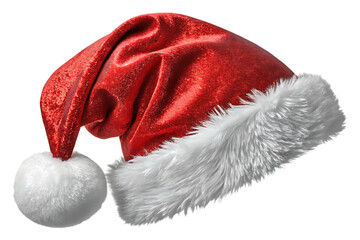 Red santa hat with white fur trim isolated on transparent background.
