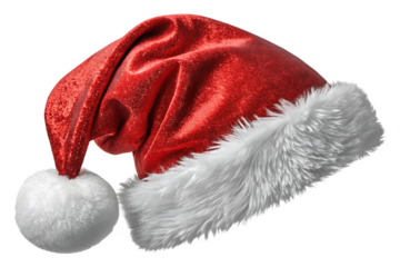 Red santa hat with white fur trim isolated on transparent background.
