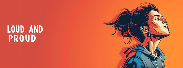 A confident young woman of mixed ethnicity, head held high, embodies strength and pride against a vibrant orange background.