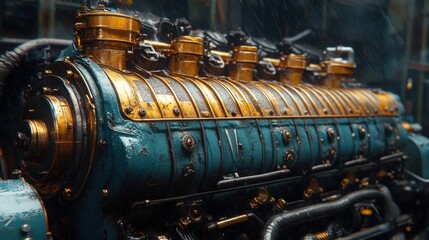 Heavy-duty industrial engine close-up, blue and yellow vintage machinery with metal components, powerful mechanical structure for engineering and manufacturing