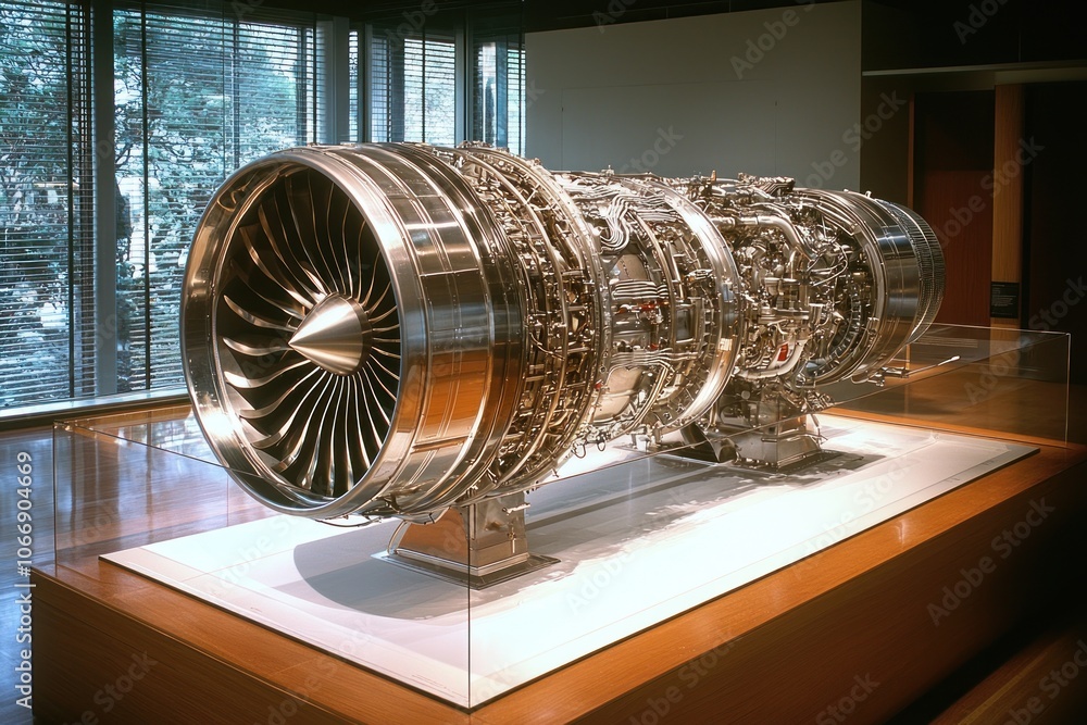 Poster a shiny jet engine on display in a museum