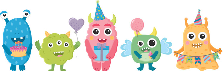 Сute cartoon monsters with festive attributes. Set of funny colorful birthday characters	