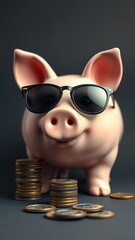 A pink piggy bank wearing sunglasses stands in front of stacks of coins on a dark background