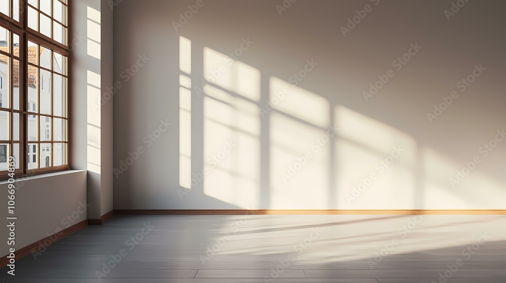 Poster the image shows an empty room with a large window on the left side. the sun is shining through the w