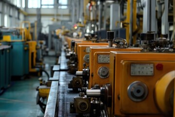 Fototapeta premium Industrial machinery highlighted in a factory, showing automated assembly lines