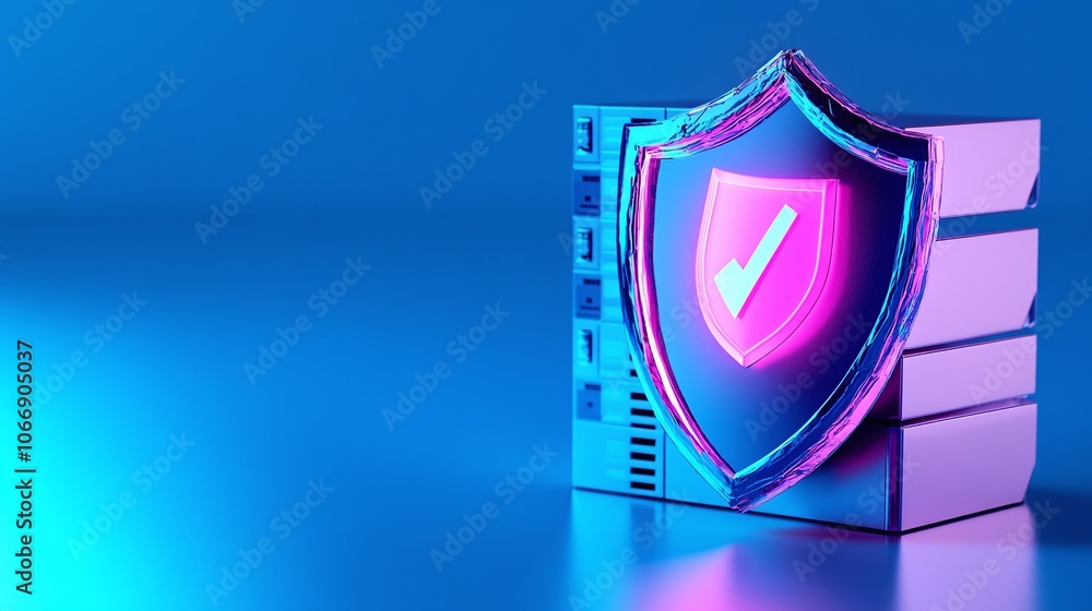 Poster cyber security concept with server and shield graphic