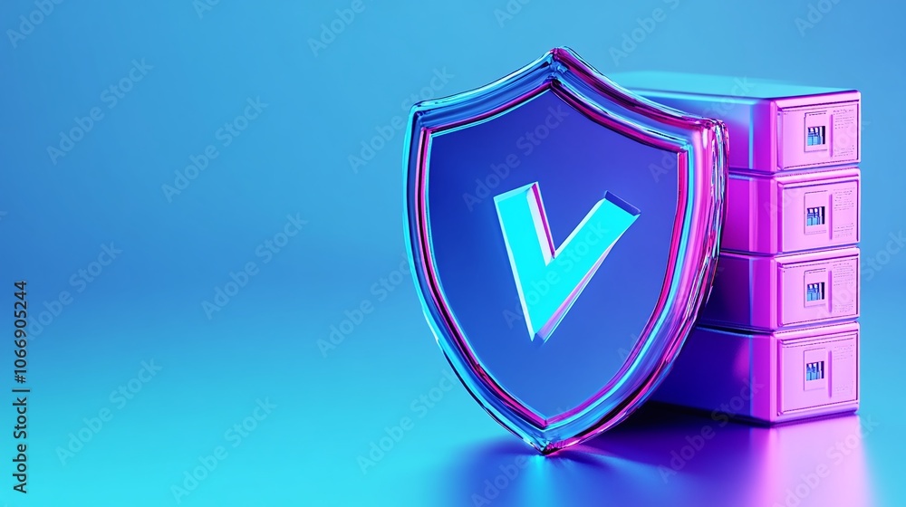 Poster cyber security concept with shield and storage boxes