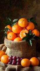 A burlap sack overflowing with vibrant oranges and grapes, showcasing fresh produce.