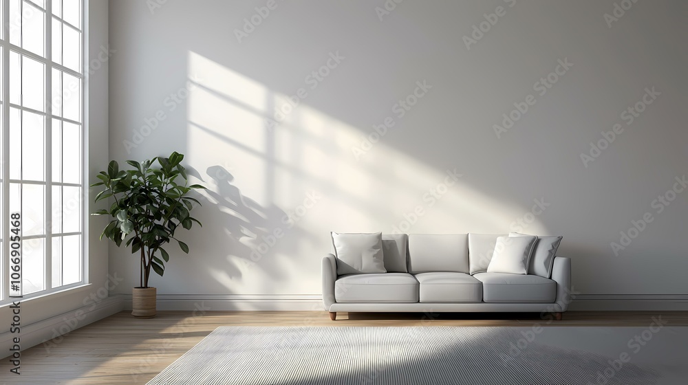 Poster a large white couch sits on a striped rug in front of a white wall with a large window. sunlight str