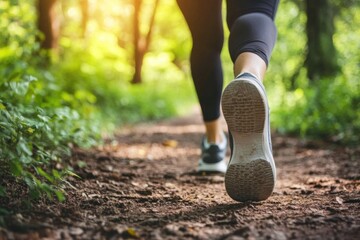 Jogging in nature, showcasing a person running on a wooded trail with greenery all around