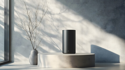 Black cylinder standing on minimalist pedestal with artistic shadows