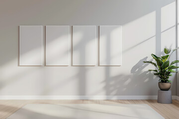 A serene interior with four empty frames, accentuated by soft light and a vibrant green plant, creating a harmonious atmosphere.