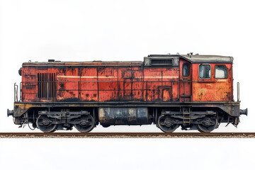 Obraz premium Old rusty diesel locomotive side view isolated on white background, industrial train engine with weathered metal, vintage railway transportation, cargo transport machinery, grunge look