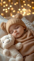 Adorable baby boy sleeping peacefully with a teddy bear, cozy atmosphere.