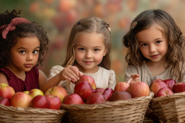 Fototapeta premium A group of children picking apples in an orchard, preparing for the Thanksgiving feast with baskets overflowing with fresh fruit.
