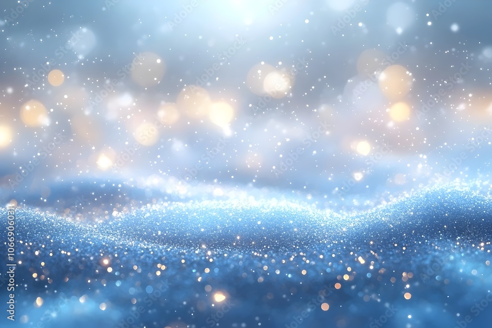 Poster a mesmerizing view of sparkling blue waves with shimmering particles, creating a serene and magical 
