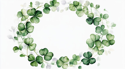 Watercolor shamrock and clover leaves in frame arrangement, St. Patrick’s Day themed botanical illustration with green foliage, luck and nature concept for holiday decor