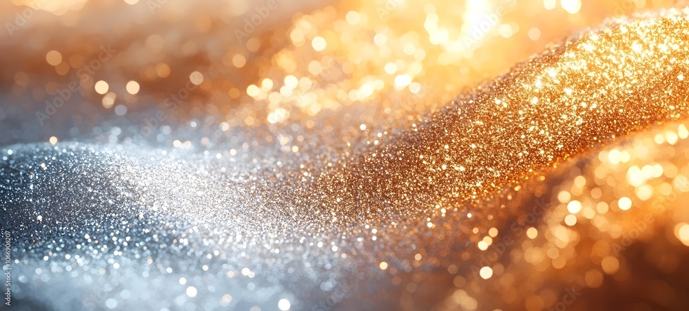 Poster a mesmerizing close-up of shimmering silver and gold glitter, creating a dynamic wave-like pattern t