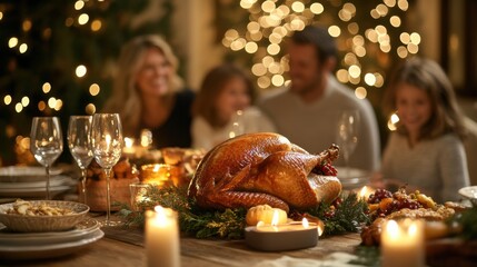 Rustic Thanksgiving dinner with turkey family candles greenery