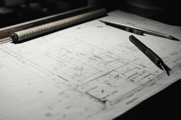 Mechanical design blueprint on a drafting table with detailed schematics and tools