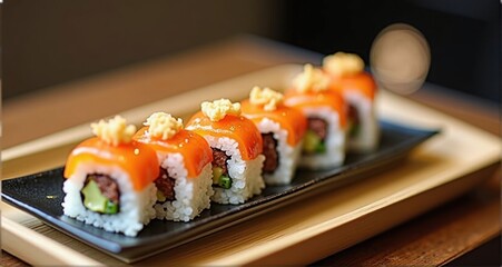 Artfully arranged sushi rolls on a plate