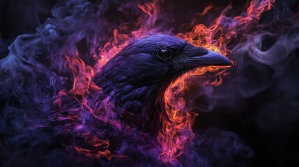 Burning bird isolated on black screen	
