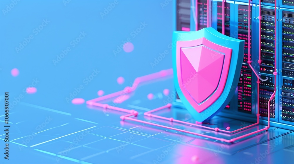 Poster cyber security shield with data servers in background