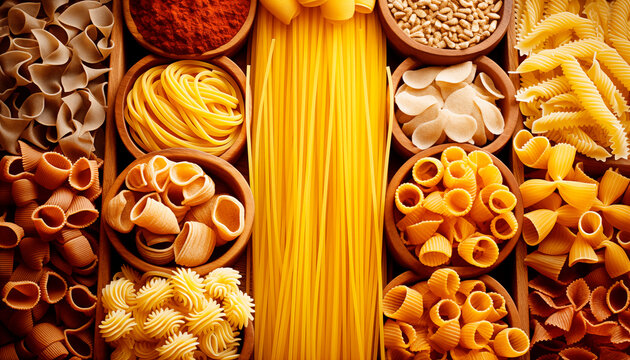 Vista desde arriba de diferentes tipos de pasta lista para ser cocinada.
