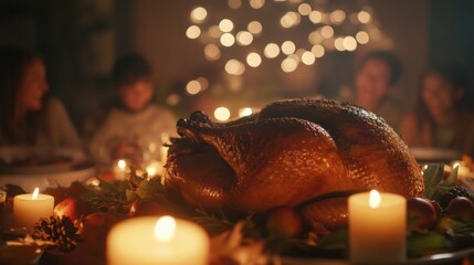 Cozy Thanksgiving dinner scene with family and turkey 169