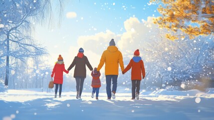 Family enjoying snowy park walk on Thanksgiving