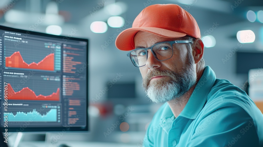 Poster a focused man in glasses and a bright cap monitors data charts on a computer, reflecting modern anal